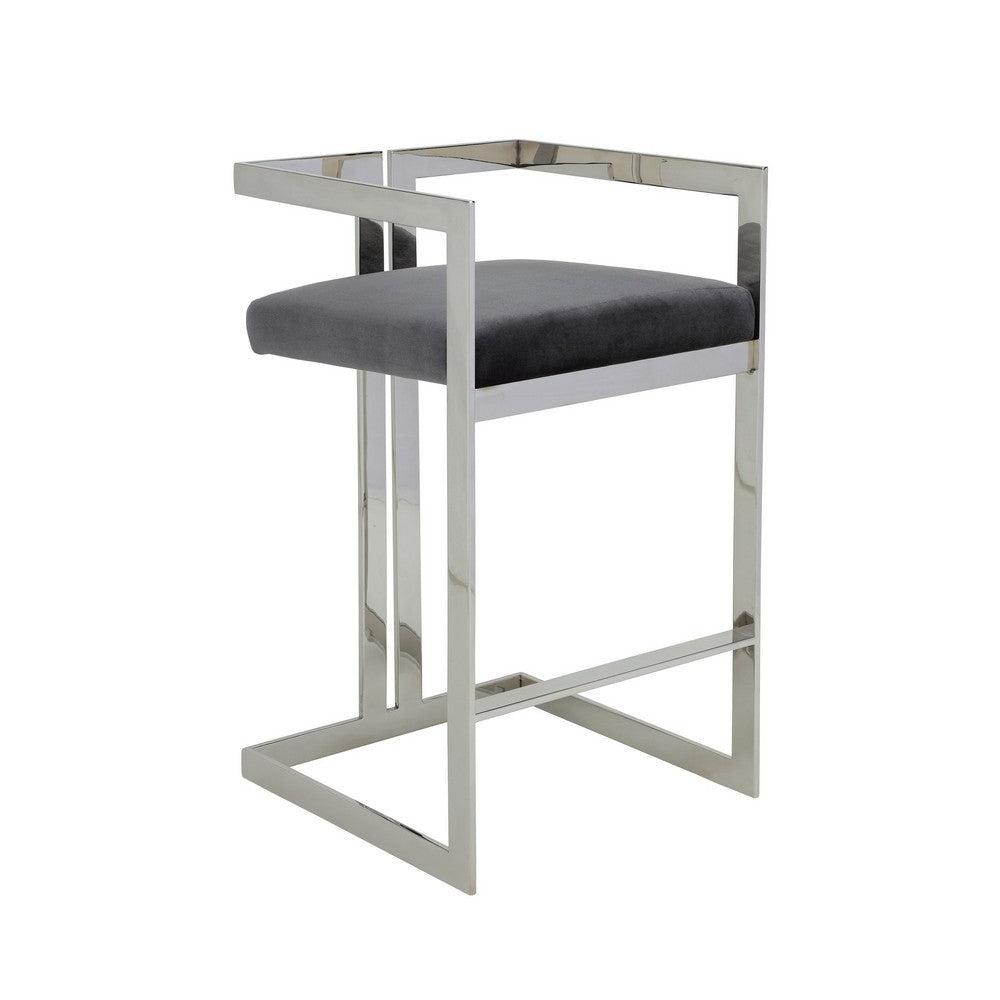 Suki 30 Inch Barstool Chair, Gray Velvet Seat, Silver Stainless Steel