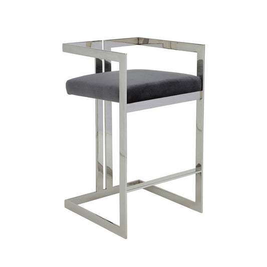 Suki 30 Inch Barstool Chair, Gray Velvet Seat, Silver Stainless Steel