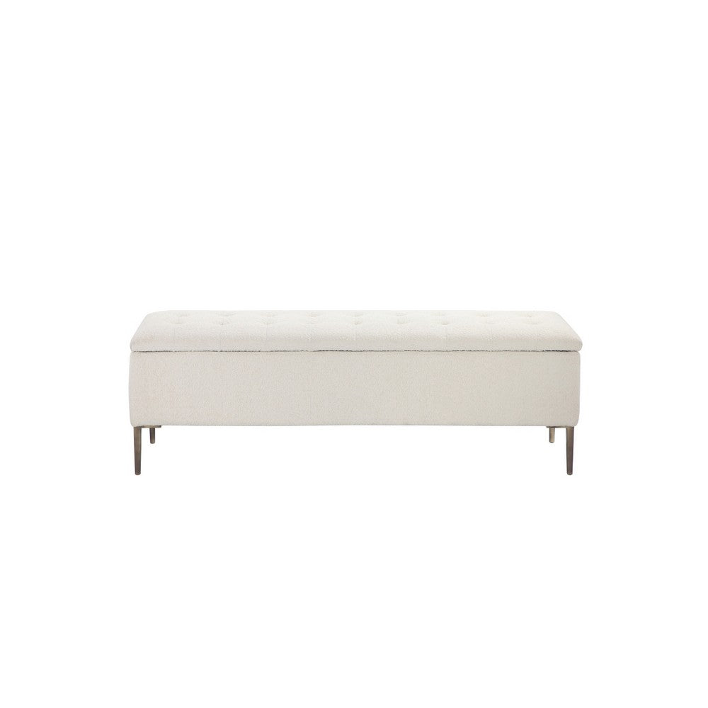 Kia 57 Inch Storage Bench, White Tufted Boucle Fabric, Brown Wood Frame