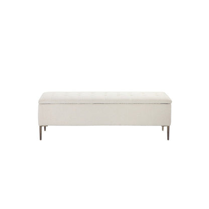 Kia 57 Inch Storage Bench, White Tufted Boucle Fabric, Brown Wood Frame