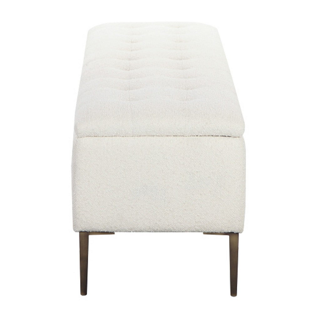 Kia 57 Inch Storage Bench, White Tufted Boucle Fabric, Brown Wood Frame