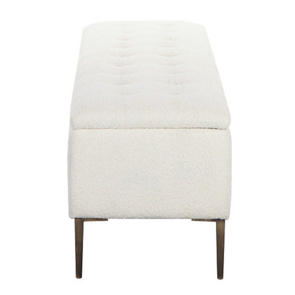 Kia 57 Inch Storage Bench, White Tufted Boucle Fabric, Brown Wood Frame