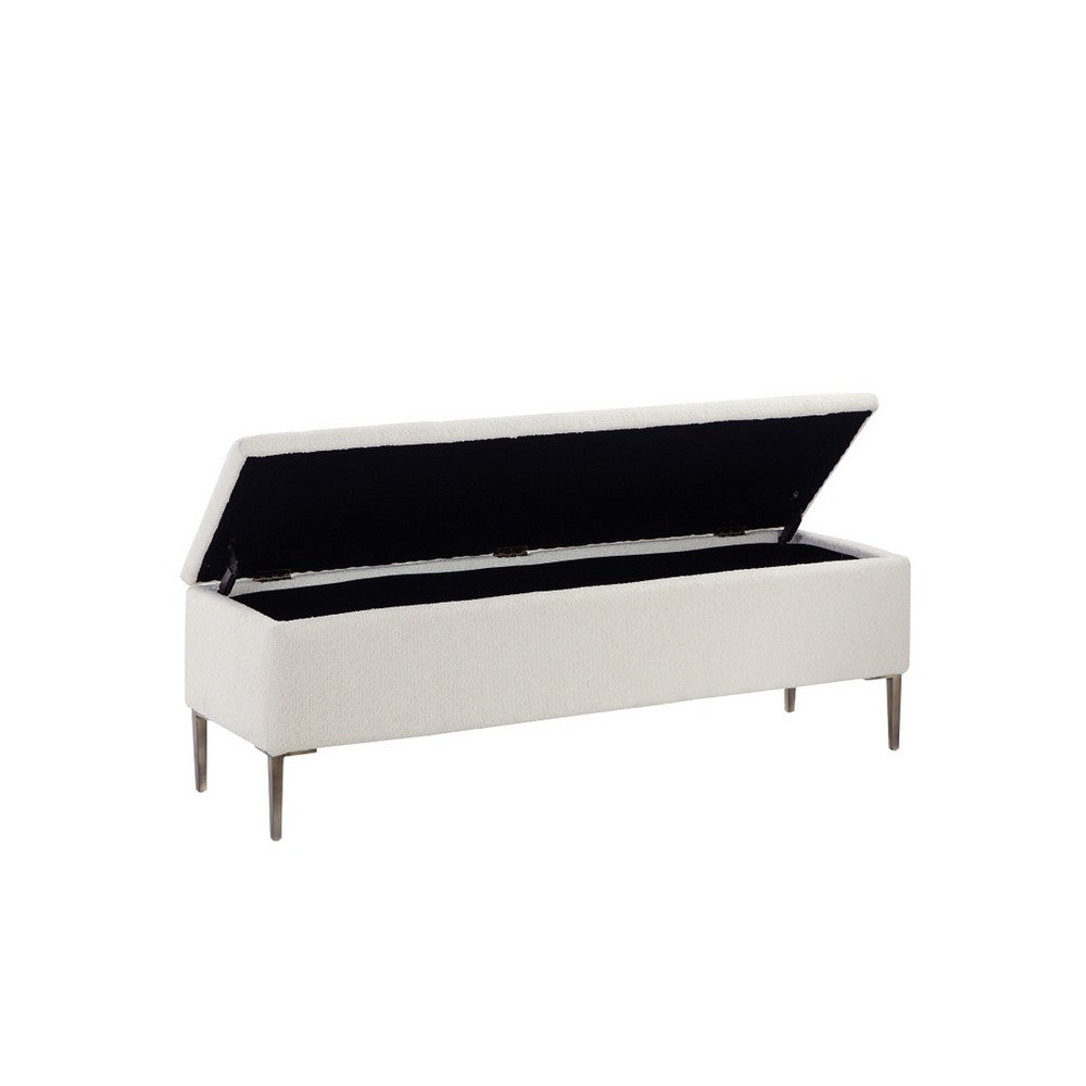 Kia 57 Inch Storage Bench, White Tufted Boucle Fabric, Brown Wood Frame