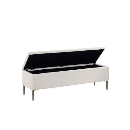 Kia 57 Inch Storage Bench, White Tufted Boucle Fabric, Brown Wood Frame