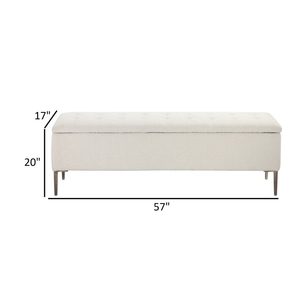 Kia 57 Inch Storage Bench, White Tufted Boucle Fabric, Brown Wood Frame