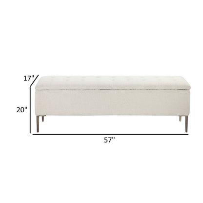 Kia 57 Inch Storage Bench, White Tufted Boucle Fabric, Brown Wood Frame