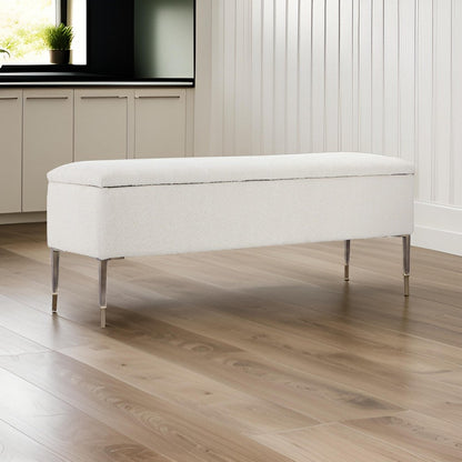 Kia 57 Inch Storage Bench, White Tufted Boucle Fabric, Brown Wood Frame