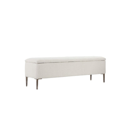 Kia 57 Inch Storage Bench, White Tufted Boucle Fabric, Brown Wood Frame