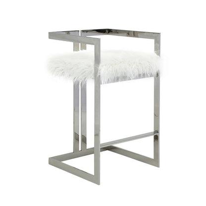 Suki 30 Inch Barstool Chair, White Faux Leather, Silver Stainless Steel