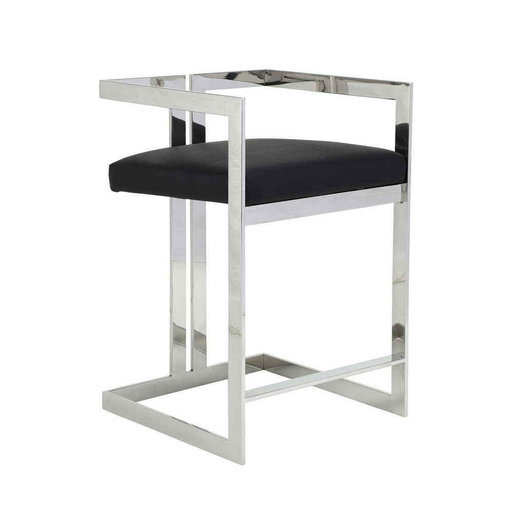 Suki 26 Inch Counter Stool Chair, Black Faux Leather Silver Stainless Steel