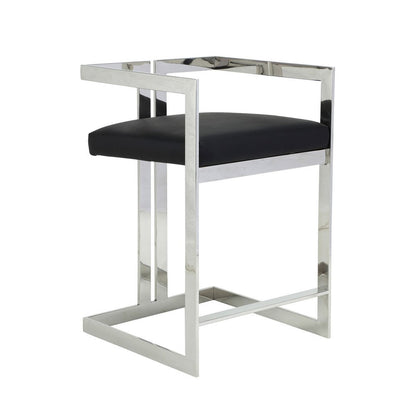 Suki 26 Inch Counter Stool Chair, Black Faux Leather Silver Stainless Steel