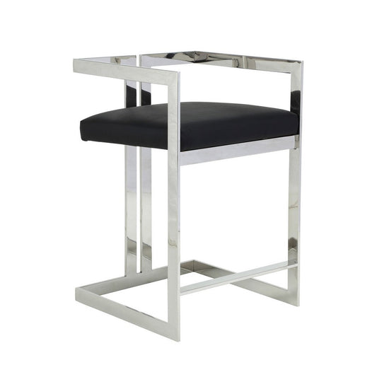 Suki 26 Inch Counter Stool Chair, Black Faux Leather Silver Stainless Steel