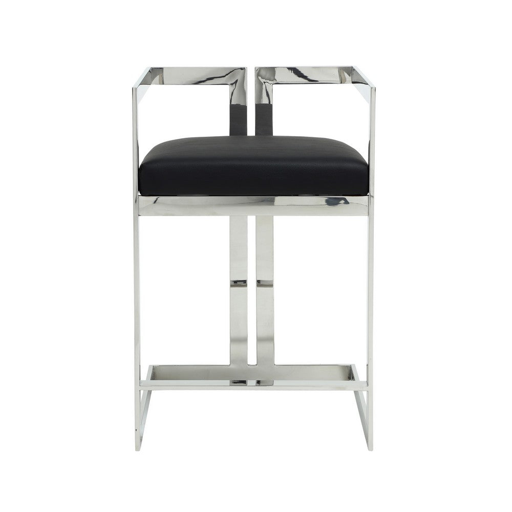 Suki 26 Inch Counter Stool Chair, Black Faux Leather Silver Stainless Steel