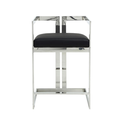 Suki 26 Inch Counter Stool Chair, Black Faux Leather Silver Stainless Steel
