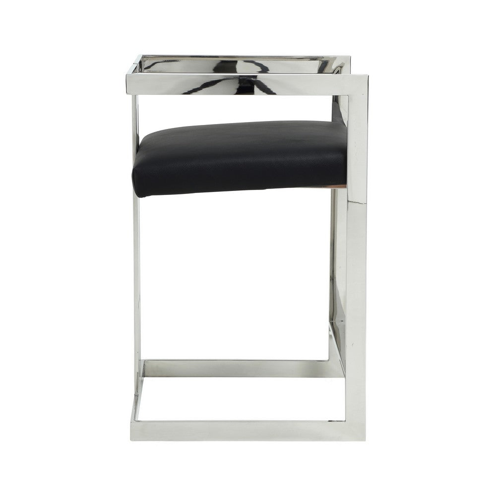 Suki 26 Inch Counter Stool Chair, Black Faux Leather Silver Stainless Steel
