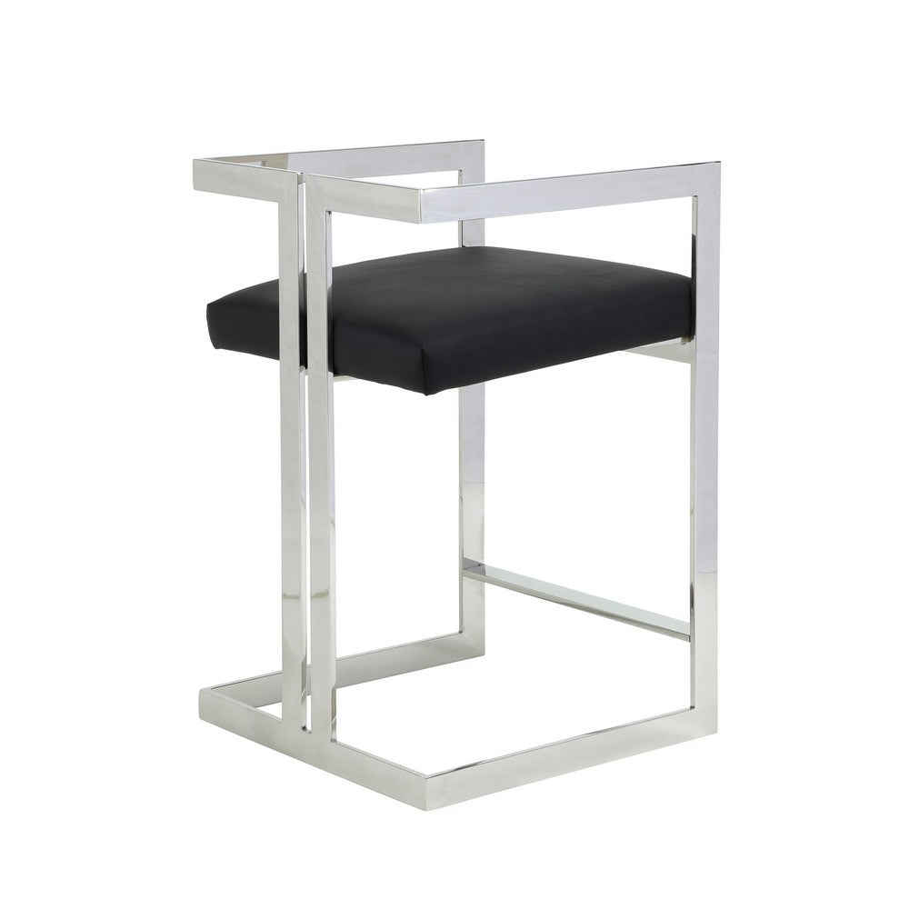 Suki 26 Inch Counter Stool Chair, Black Faux Leather Silver Stainless Steel