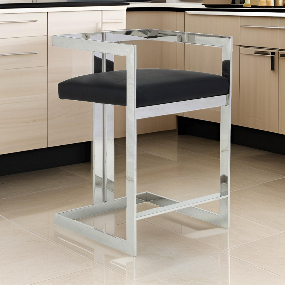 Suki 26 Inch Counter Stool Chair, Black Faux Leather Silver Stainless Steel