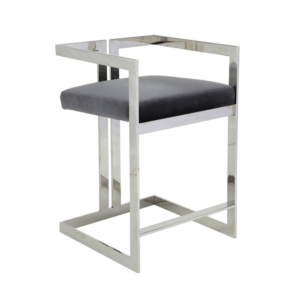 Suki 26 Inch Counter Stool Chair, Gray Velvet, Silver Stainless Steel Frame