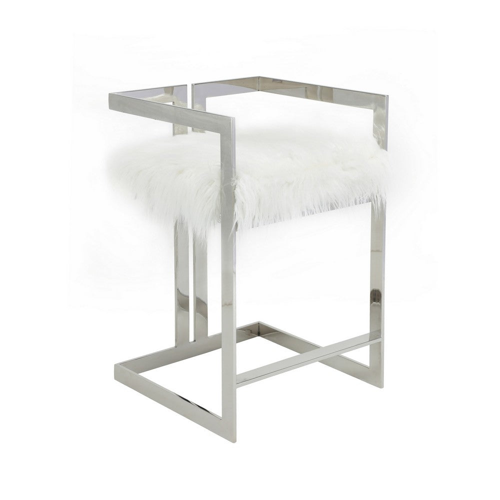 Suki 26 Inch Counter Stool Chair, Black Faux Fur, Silver Stainless Steel