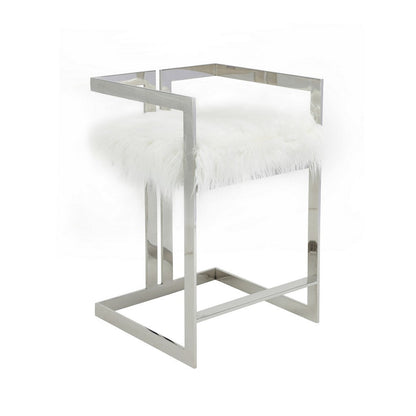 Suki 26 Inch Counter Stool Chair, Black Faux Fur, Silver Stainless Steel