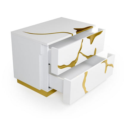 Cid Exie 28 Inch Nightstand, 2 Drawers, Gold Accent Branch Style White Wood