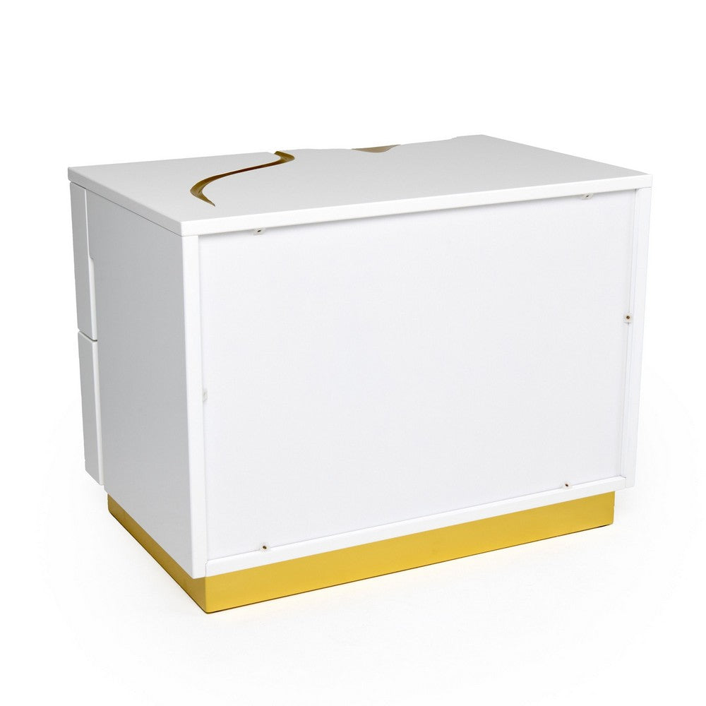 Cid Exie 28 Inch Nightstand, 2 Drawers, Gold Accent Branch Style White Wood