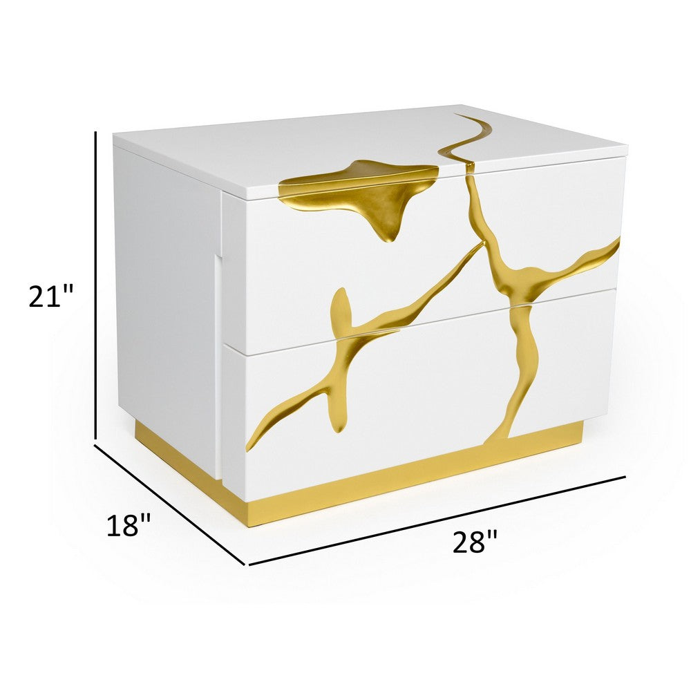 Cid Exie 28 Inch Nightstand, 2 Drawers, Gold Accent Branch Style White Wood