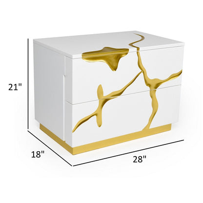 Cid Exie 28 Inch Nightstand, 2 Drawers, Gold Accent Branch Style White Wood