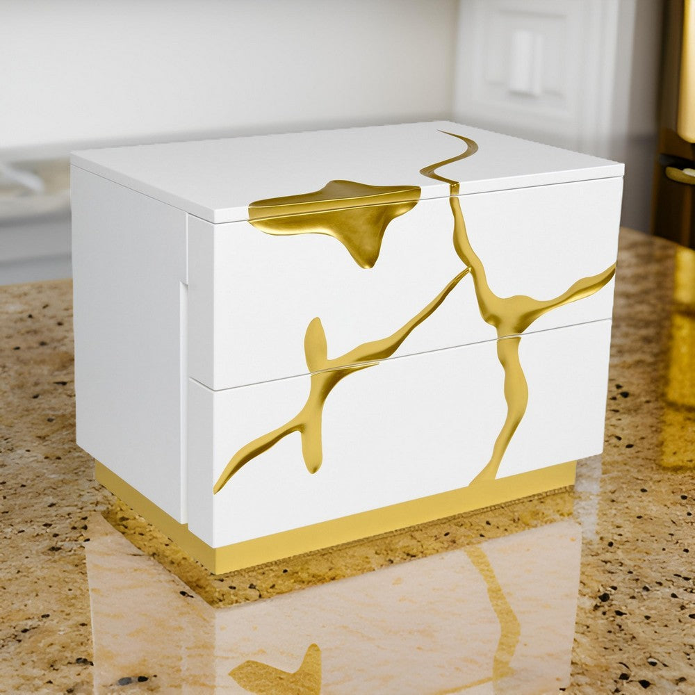 Cid Exie 28 Inch Nightstand, 2 Drawers, Gold Accent Branch Style White Wood