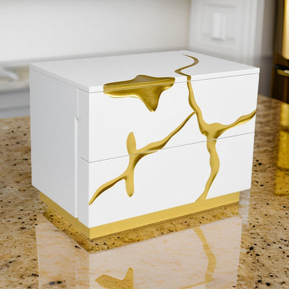 Cid Exie 28 Inch Nightstand, 2 Drawers, Gold Accent Branch Style White Wood