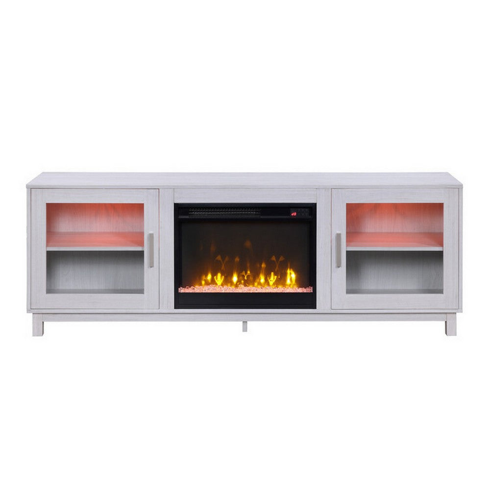 Samy 70 Inch TV Console LED Fireplace Heater, Glass Door, White, Silver
