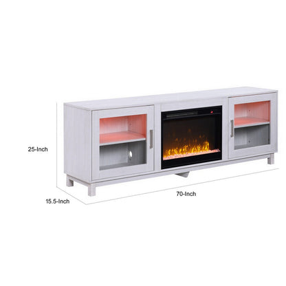 Samy 70 Inch TV Console LED Fireplace Heater, Glass Door, White, Silver