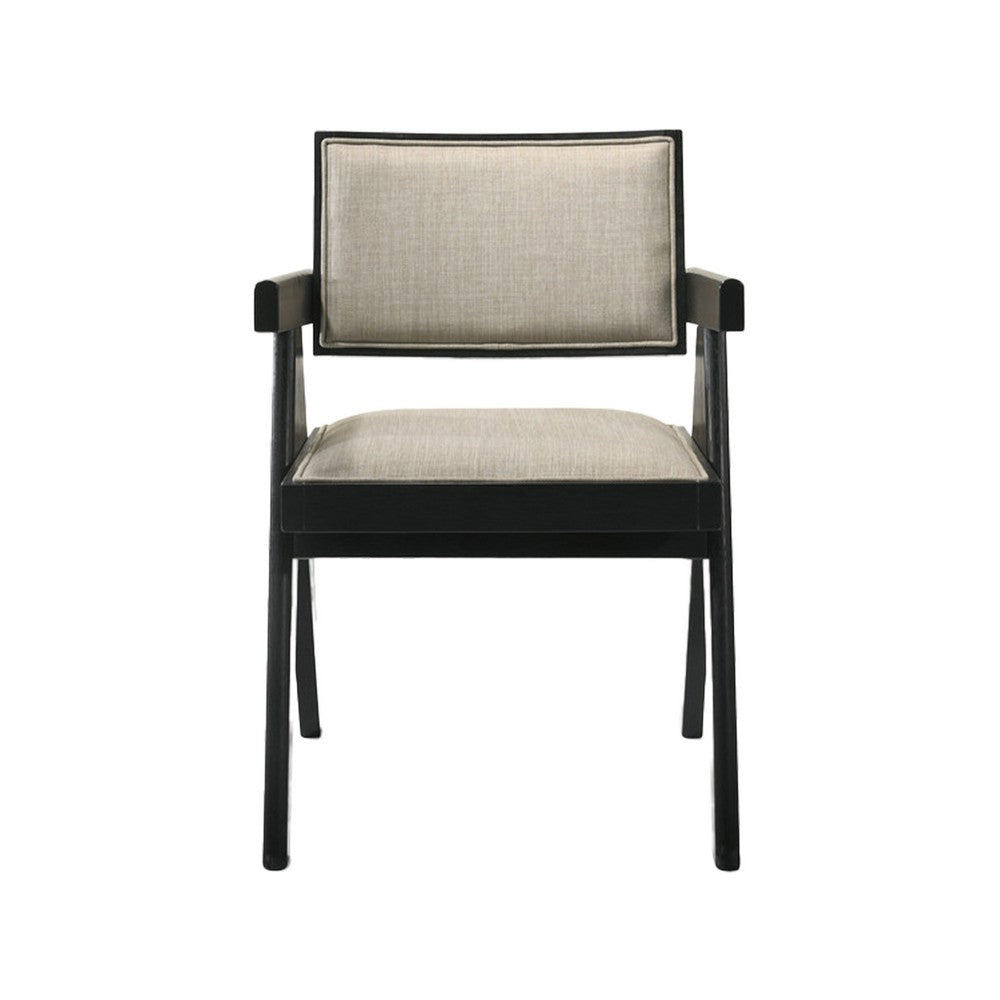 Bili 21 Inch Dining Armchair Set of 2, Open Back, Beige Upholstery, Black