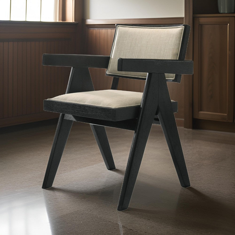 Bili 21 Inch Dining Armchair Set of 2, Open Back, Beige Upholstery, Black