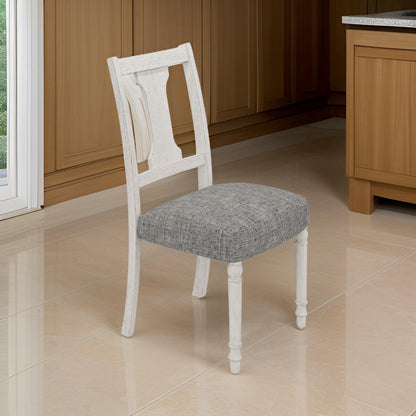 Sane 19 Inch Dining Side Chair Set of 2, Fiddleback, White Wood, Gray Linen