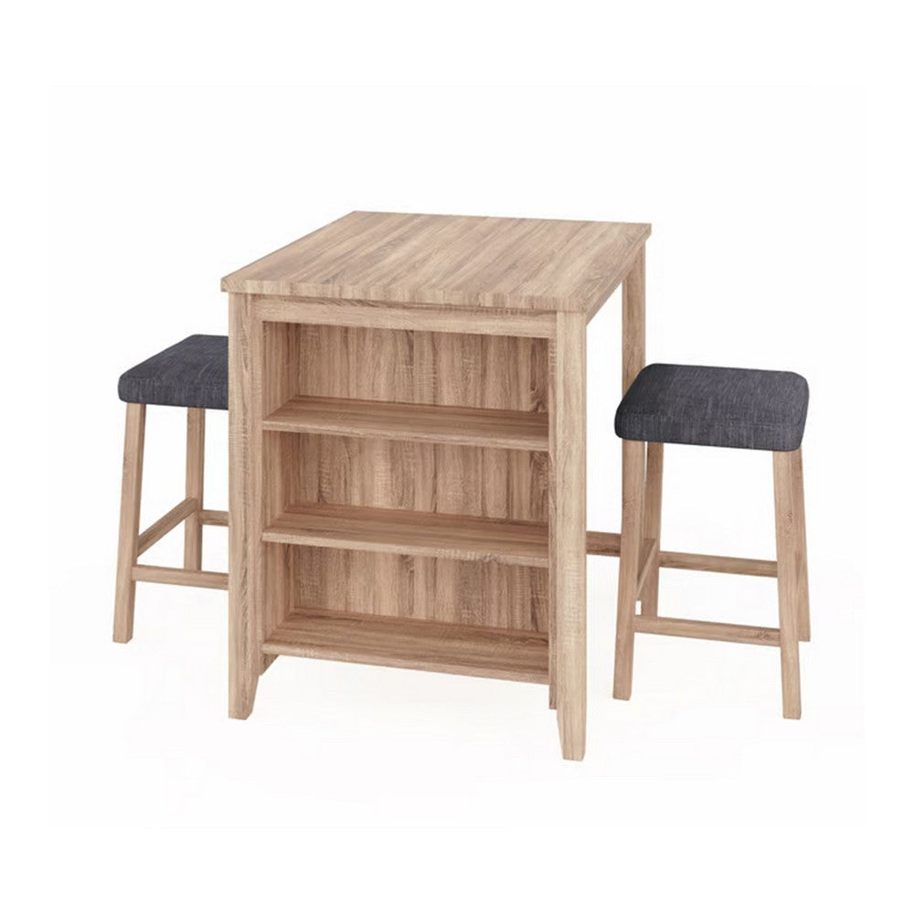 Dawny 3pc Counter Height Table Set with Stools, Shelves, Brown Oak Wood