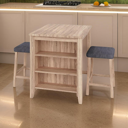 Dawny 3pc Counter Height Table Set with Stools, Shelves, Brown Oak Wood