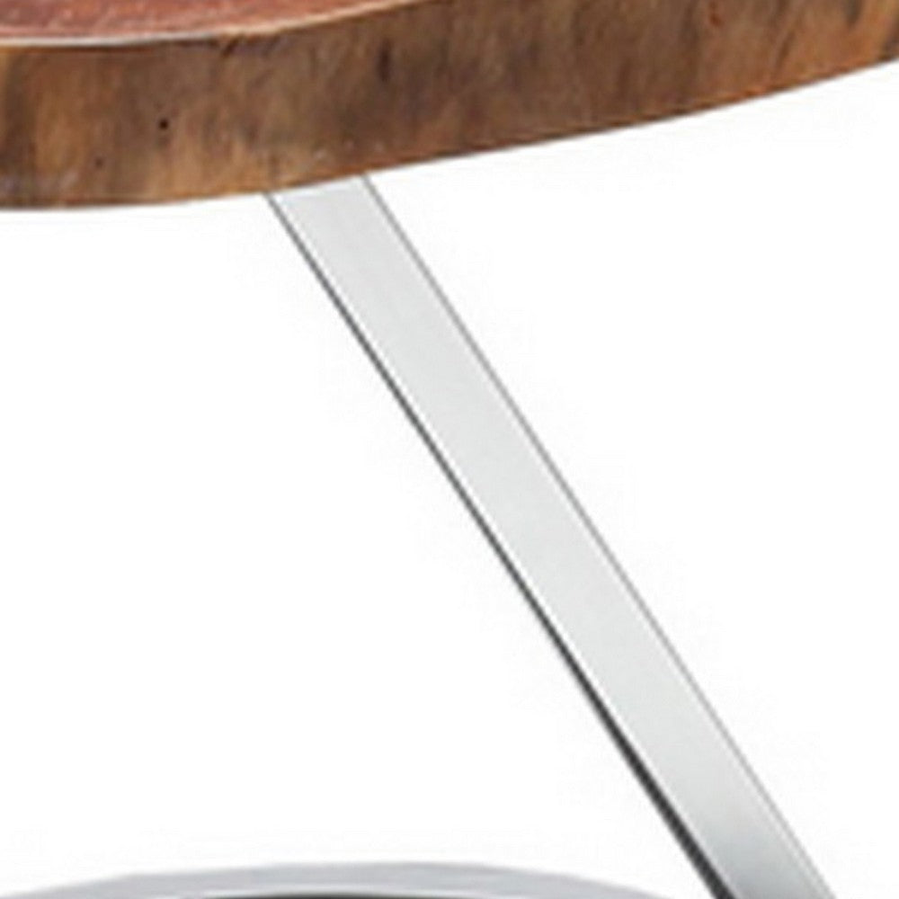 Cid Danes 17 Inch End Table, Live Edge Tree Trunk Top, Metal Base in Chrome