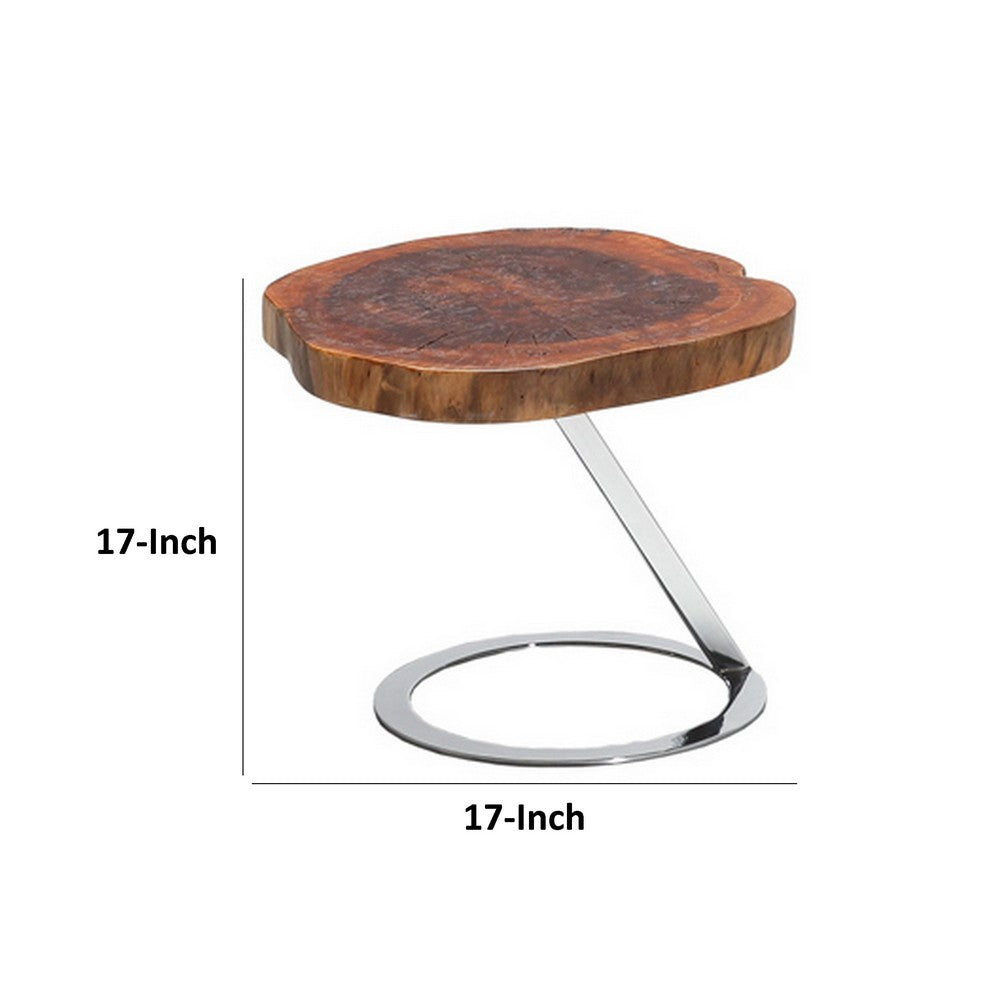 Cid Danes 17 Inch End Table, Live Edge Tree Trunk Top, Metal Base in Chrome