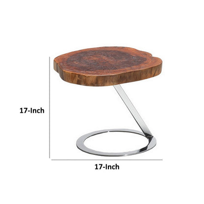 Cid Danes 17 Inch End Table, Live Edge Tree Trunk Top, Metal Base in Chrome