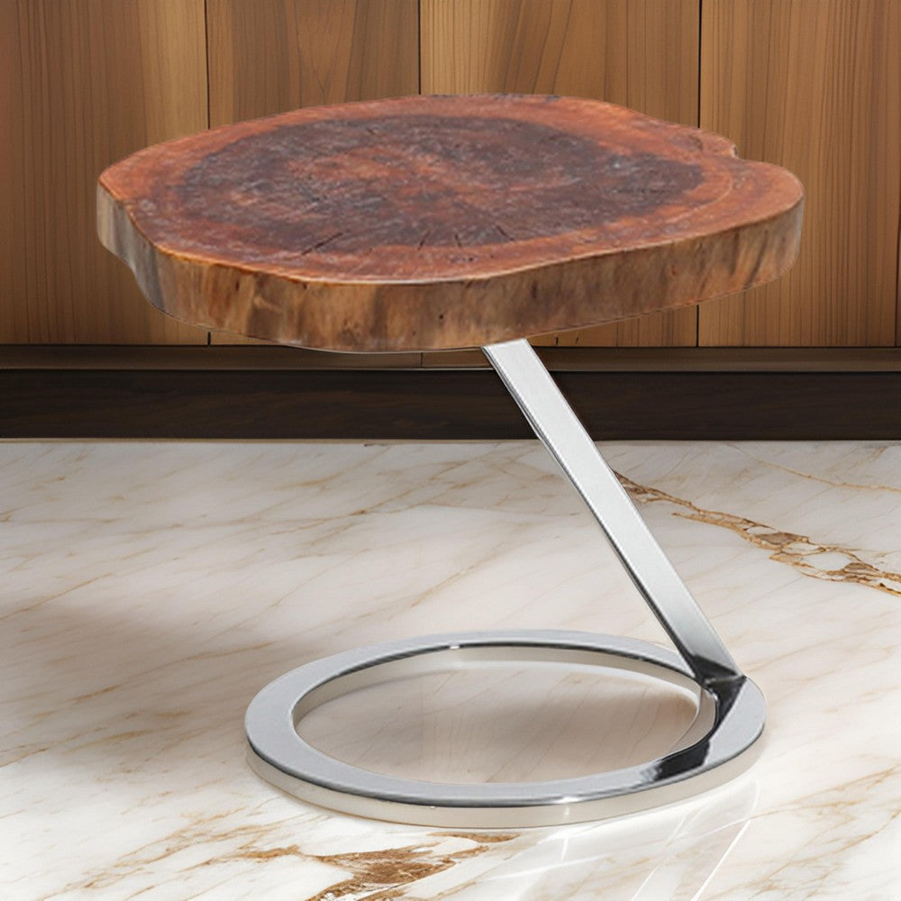 Cid Danes 17 Inch End Table, Live Edge Tree Trunk Top, Metal Base in Chrome