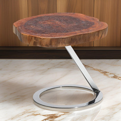 Cid Danes 17 Inch End Table, Live Edge Tree Trunk Top, Metal Base in Chrome