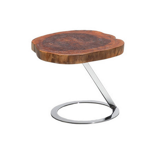 Cid Danes 17 Inch End Table, Live Edge Tree Trunk Top, Metal Base in Chrome