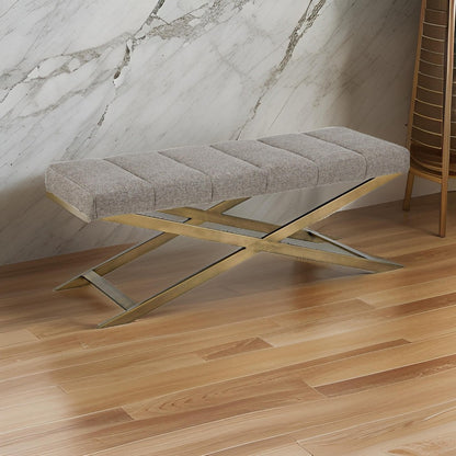 Cid Shia 47 Inch Accent Bench, Tufted Gray, X Shape Brushed Brass Legs