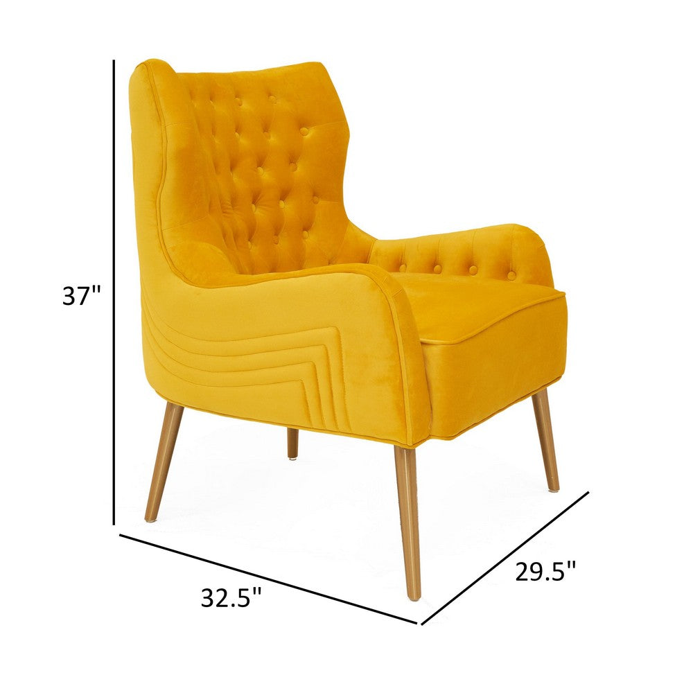 Elina 30 Inch Accent Chair, Cushioned Button Tufted Wingback, Orange Velvet