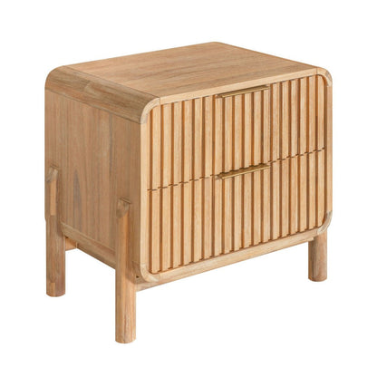 Cid Tori 24 Inch Nightstand, 2 Fluted Drawers, Gold Metal Handles, Brown