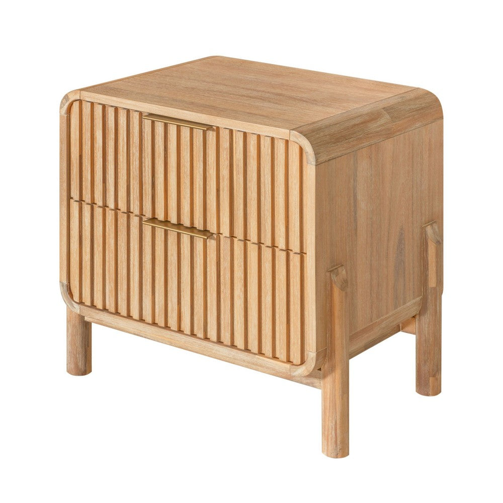 Cid Tori 24 Inch Nightstand, 2 Fluted Drawers, Gold Metal Handles, Brown