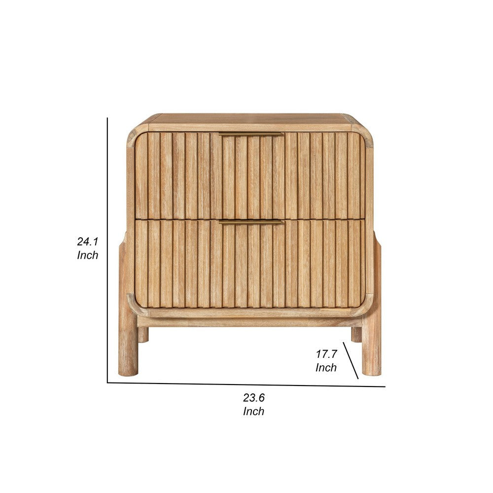 Cid Tori 24 Inch Nightstand, 2 Fluted Drawers, Gold Metal Handles, Brown