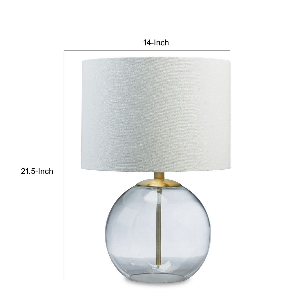 21 Inch Table Lamp, White Drum Shade, Round Clear Glass Base, Brass Metal