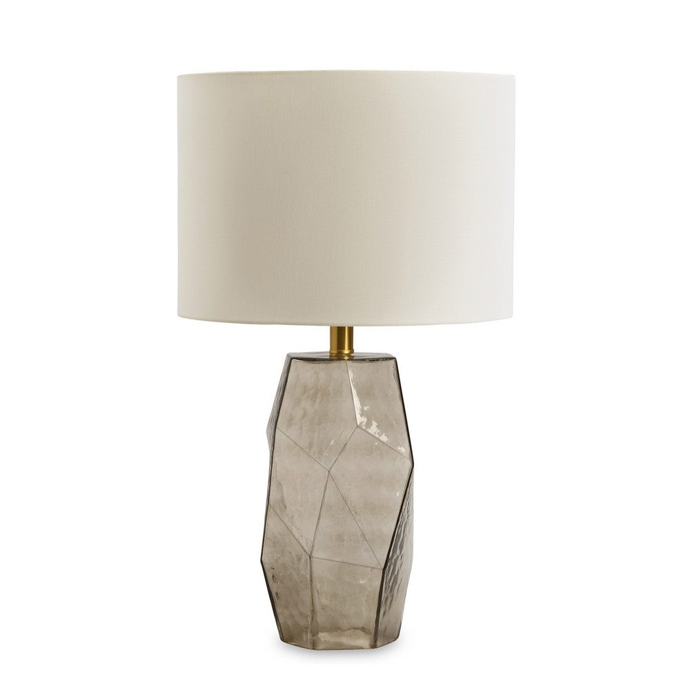 24 Inch Table Lamp, Hexagonal Textured Glass Base, Drum Shade, Gray